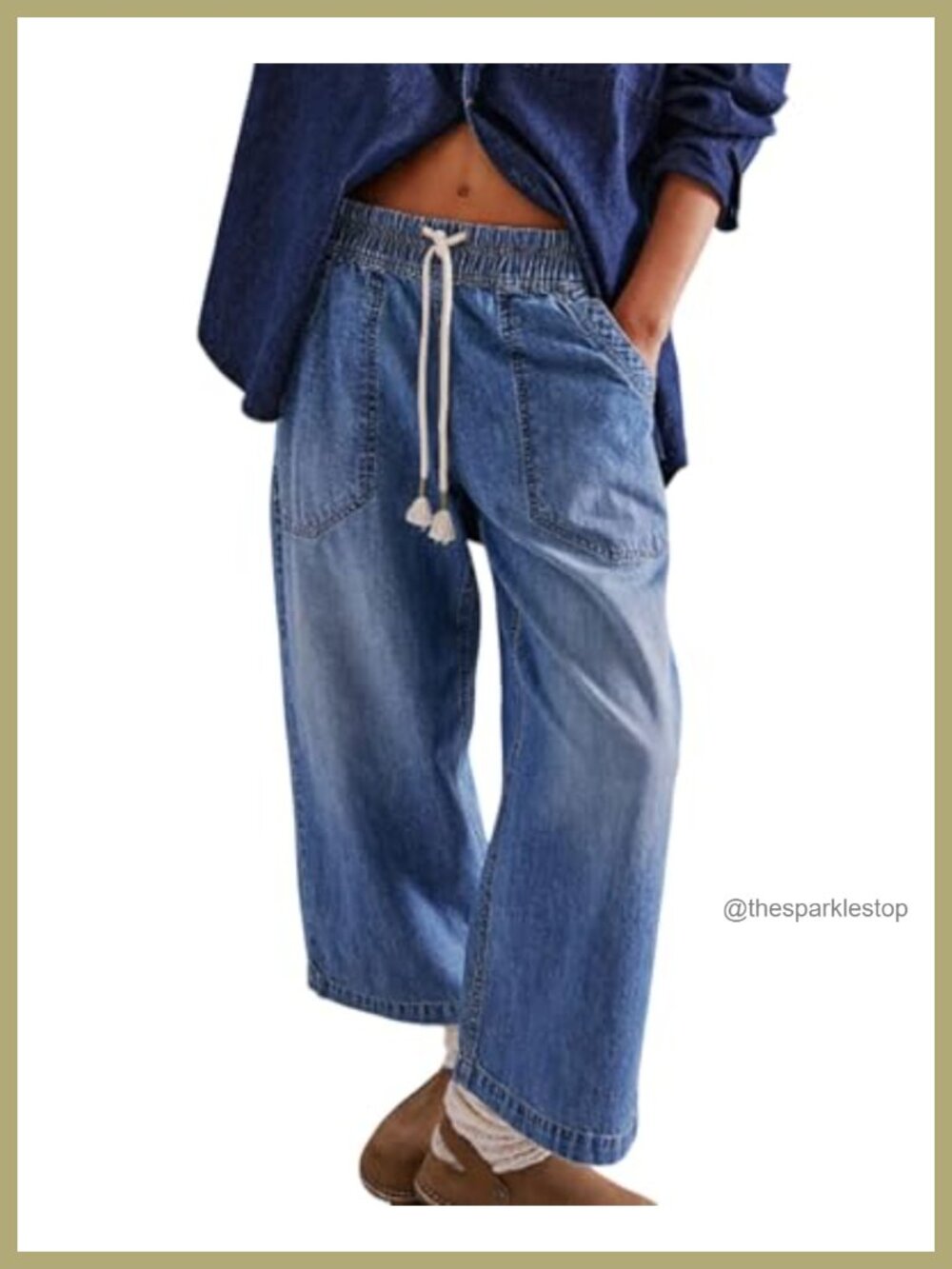 Baggy Boyfriend Jeans Elastic Low Rise Wide Leg Cropped Denim Pants Drawstring